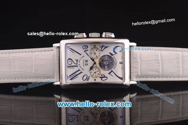 Franck Muller Long Island Tourbillon Automatic Movement Steel Case with White Dial and White Leather Strap - Click Image to Close